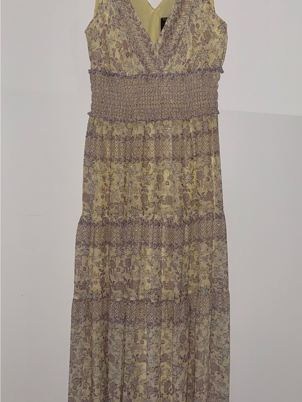 Taylor Pastel Yellow and Lavender Floral Print Maxi Dress